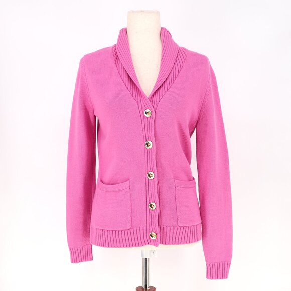 LAUREN RALPH LAUREN Shawl Collar Cardigan Sweater Pink Gold Buttons Size S - Picture 1 of 8